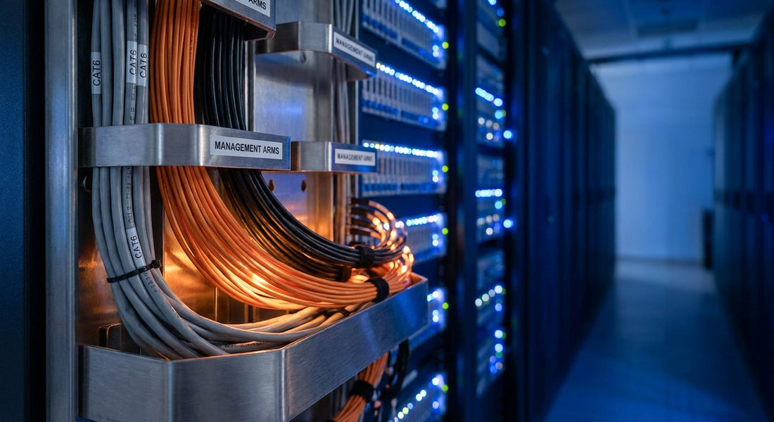 Fiber optic and CATx cables neatly routed through a professional data center cable management system with server racks in the background.