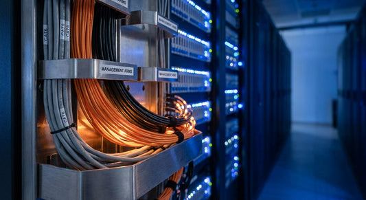 Fiber optic and CATx cables neatly routed through a professional data center cable management system with server racks in the background.