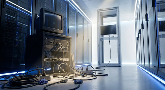 A dimly lit enterprise server room showing tangled legacy VGA and DVI cables in the foreground contrasting with a modern DisplayPort workstation setup in the background, symbolizing hardware compatibility challenges during a technology refresh.