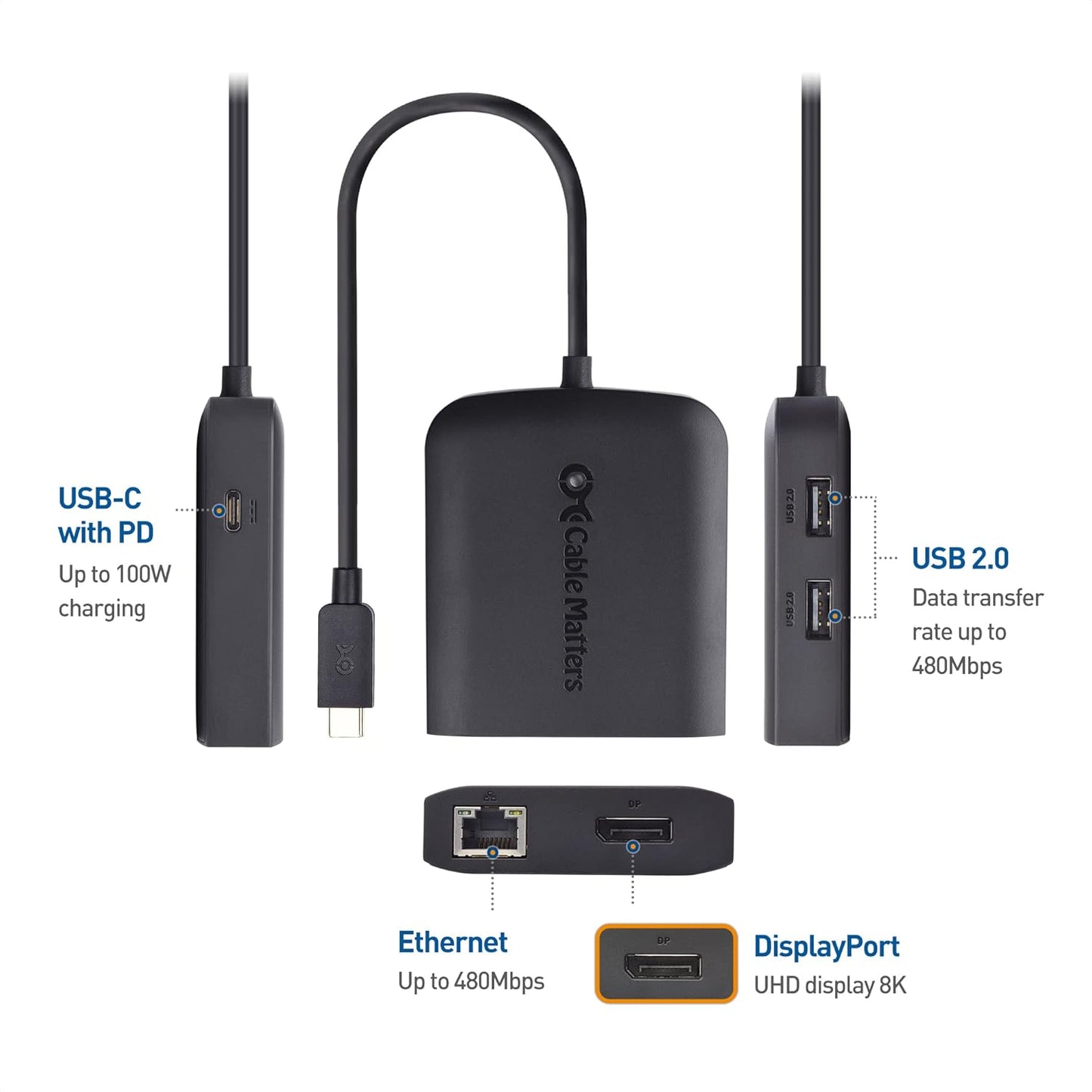 Cable Matters USB-C Multiport Adapter with 8K DisplayPort, 2x USB 2.0, 480 Mbps Ethernet, and Power Delivery