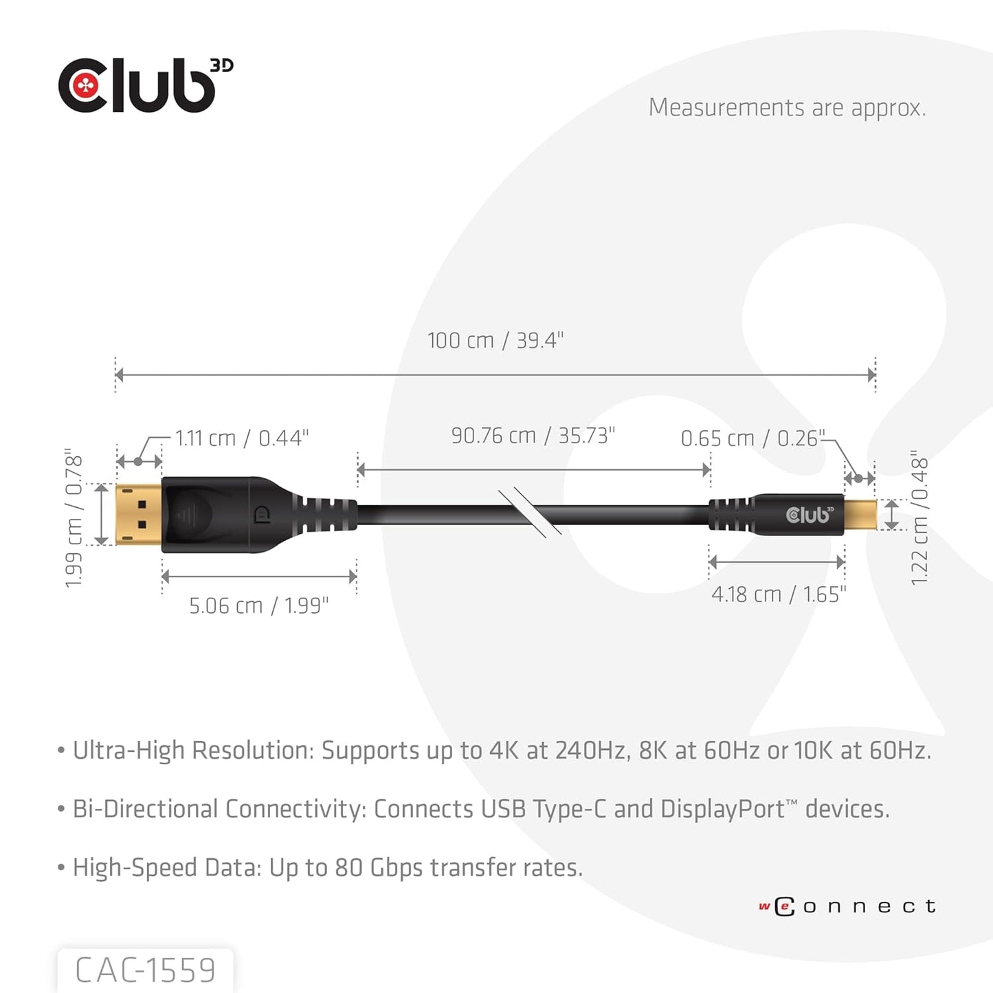 Club 3D CAC-1559 Thunderbolt/USB Type C to DisplayPort 2.1 Bi-Directional VESA Certified Cable, Male to Male, 3.28ft