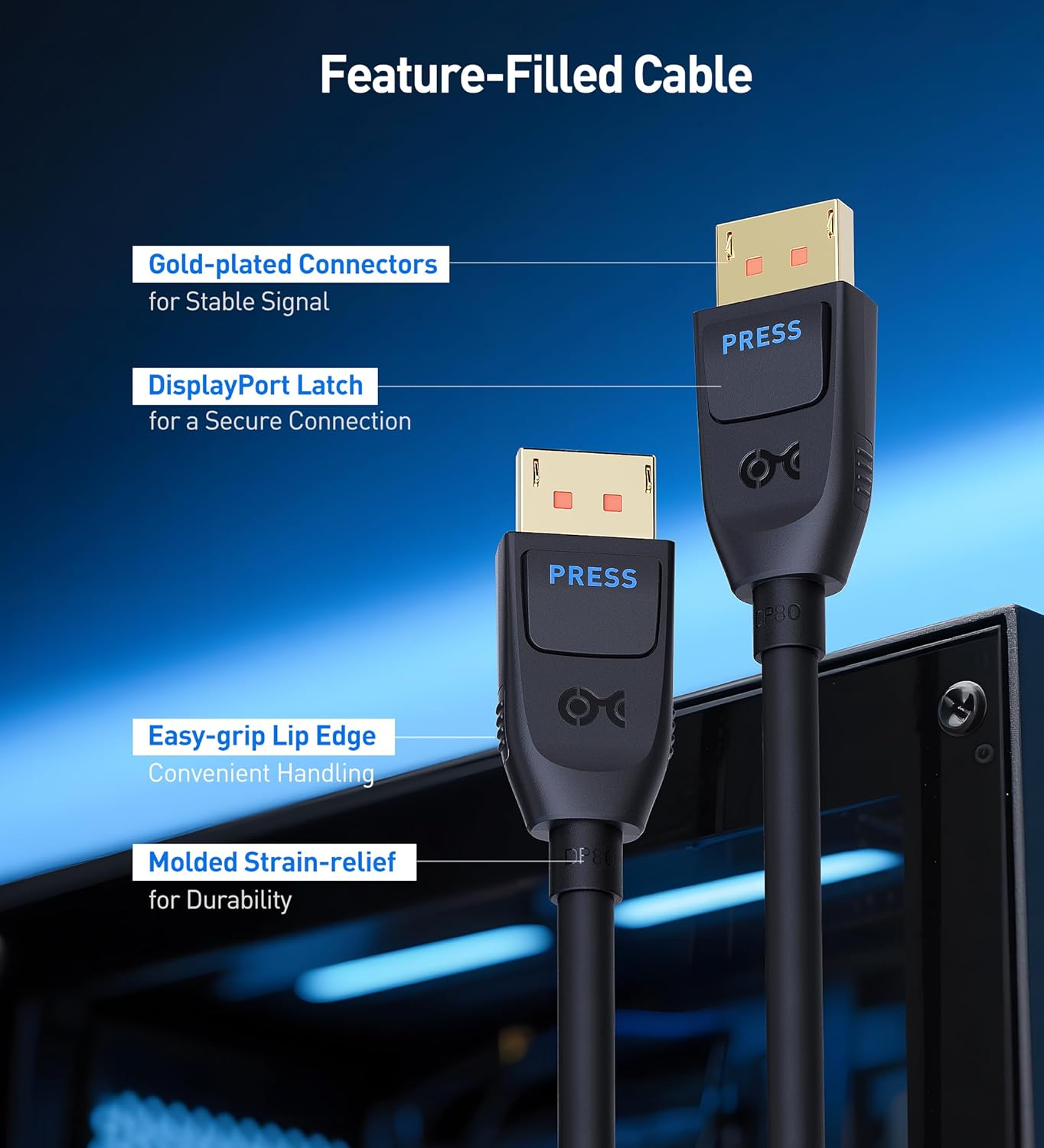 CM VESA Certified DisplayPort 2.1 Cable, 2m/6.6ft, DP80 rated