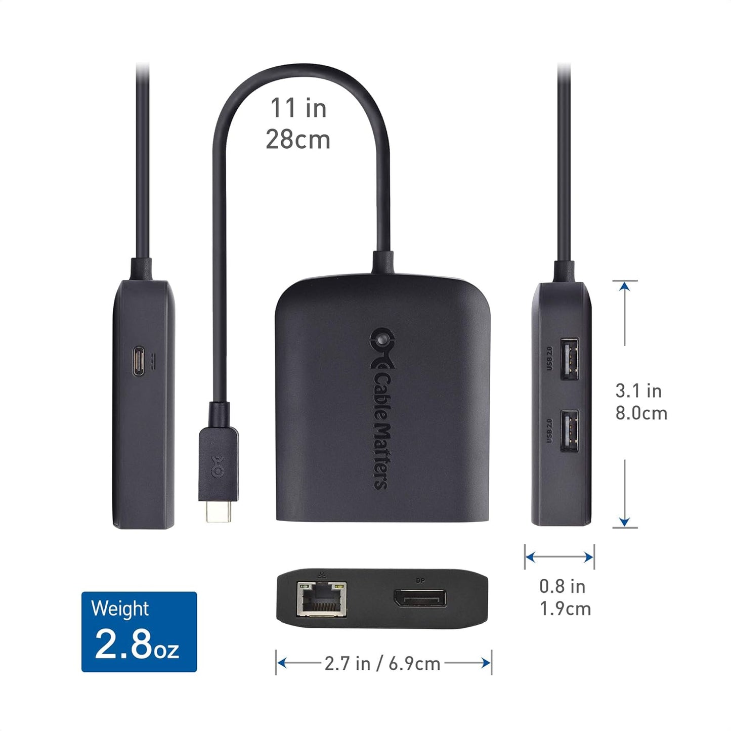 Cable Matters USB-C Multiport Adapter with 8K DisplayPort, 2x USB 2.0, 480 Mbps Ethernet, and Power Delivery