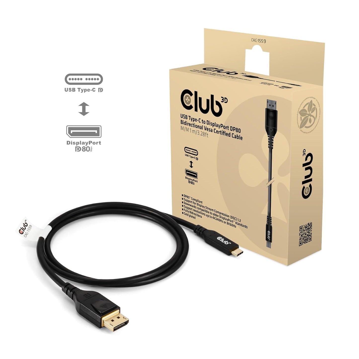 Club 3D CAC-1559 Thunderbolt/USB Type C to DisplayPort 2.1 Bi-Directional VESA Certified Cable, Male to Male, 3.28ft