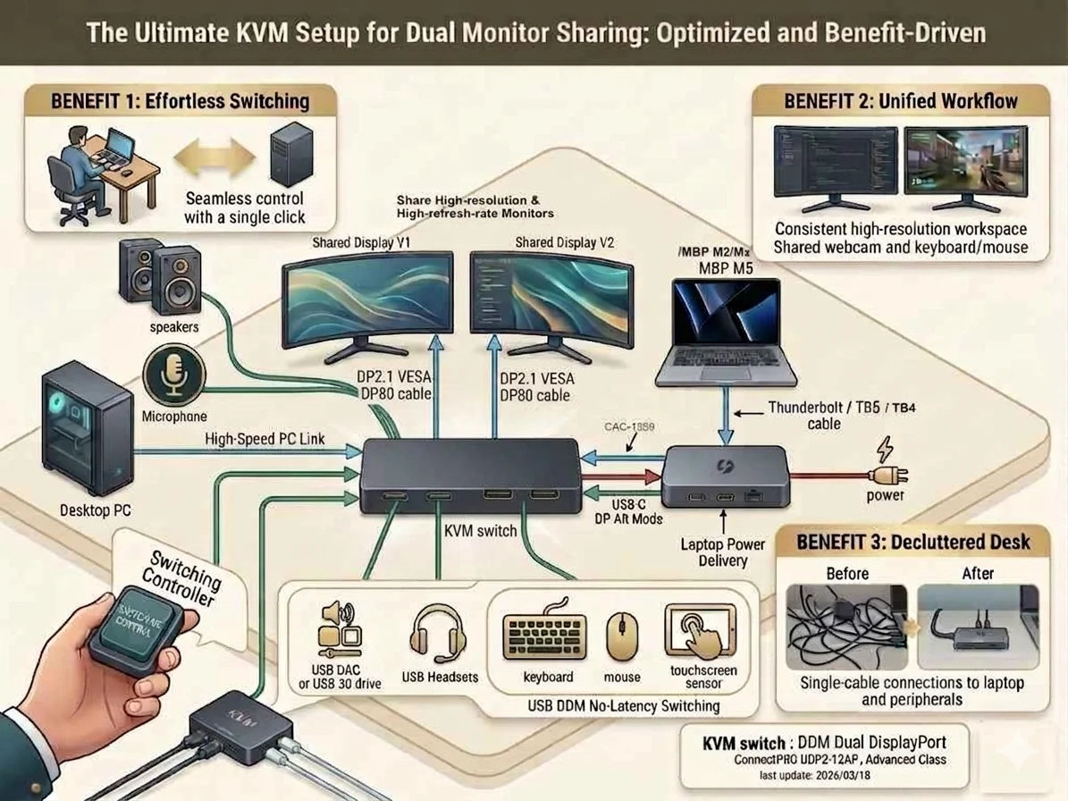 Diagram of KVM setup for dual monitor sharing with benefits and components.